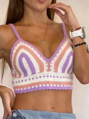 ANWND Crochet Purple Coral White Tie Back Crop Top